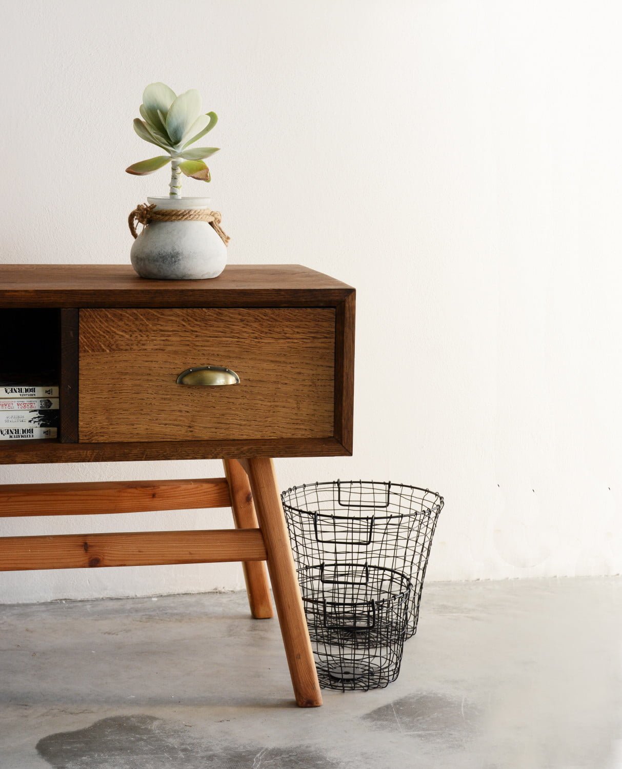 Solid wood oak TV stand with two drawers