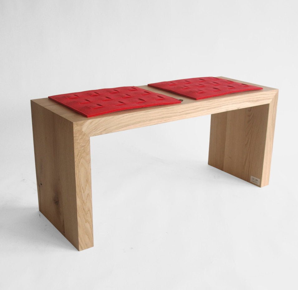 oak wooden simple minimalist bench with red felt pads