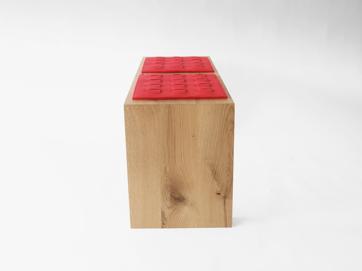 oak wooden simple minimalist bench with red felt pads